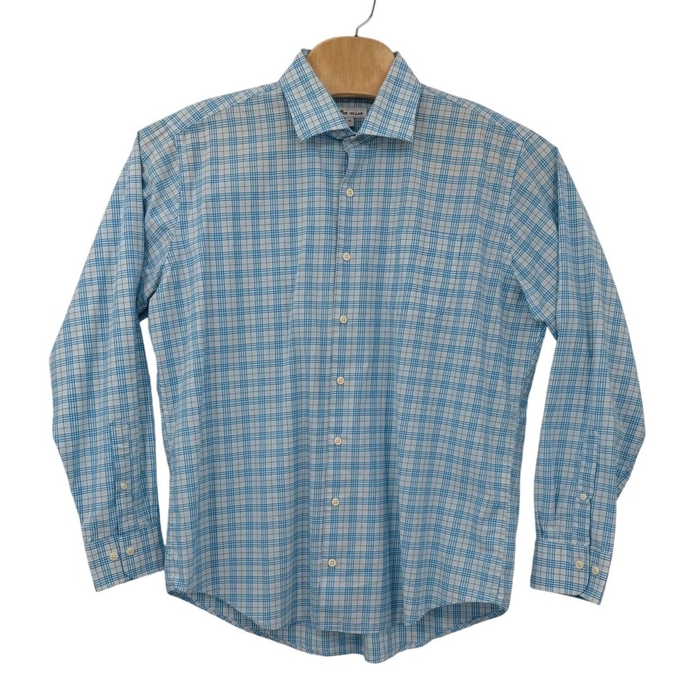 Peter Millar Button Down Shirt Mens XL Blue Plaid Stretch Cotton Long Sleeve